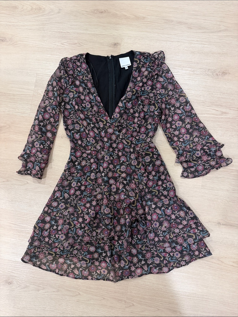 Skylar Madison Small Floral Ruffle V-Neck Dress in Black and Pink